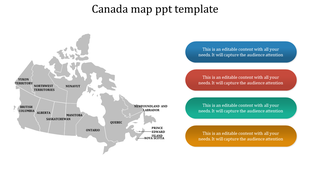 Canada map template with labeled provinces and territories on the left and four colorful content boxes on the right.