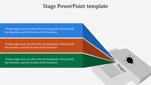 Business growth stages template featuring three horizontal segments representing different phases in a 3D layout.