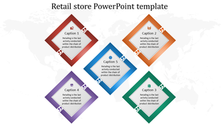 Retail store infographic with five diamond-shaped elements in red, orange, green, blue, and purple, each with icons.