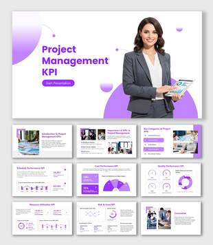 Project Management KPI purple slides with charts, gauges, icons, and project performance tracking dashboards.