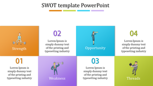 Modern SWOT analysis slide with a grid layout, color-coded categories, and business themed icons for each section.