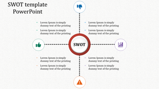 Infographic SWOT analysis layout with a circular center node branching into four key areas using dashed lines and icons.