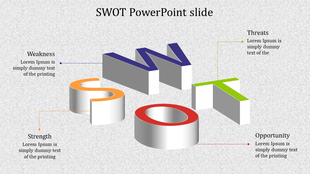 3D SWOT slide with bold, blocky letters in orange, purple, red, and green representing the four categories.