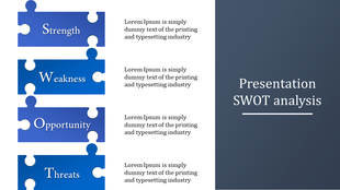 SWOT analysis slide with four blue puzzle pieces stacked vertically with a gray title section on the right.