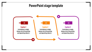Three stage template with curved boxes in red, orange, and purple, connected by arrows and each with caption areas.