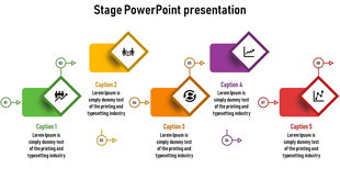 Stage slide with five steps in green, yellow, orange, purple, and red diamond shapes, connected by directional arrows.