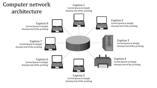 Diagram of computer network architecture with eight connected devices, including laptops, servers, and a central hub.