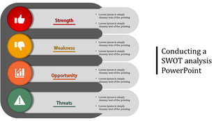 A slide with a SWOT analysis diagram with Strengths, Weakness, Opportunity, and Threat sections with icons.