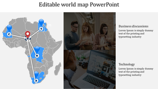 Grey Africa map with networked locations displaying a red hub marker linking to various blue points, paired with visuals.