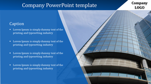 Company design with a blue theme, displaying a tall glass building and a structured text area with bullet points.