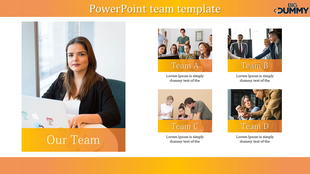 Orange themed layout featuring a central portrait of a woman and four team sections with images and text descriptions.