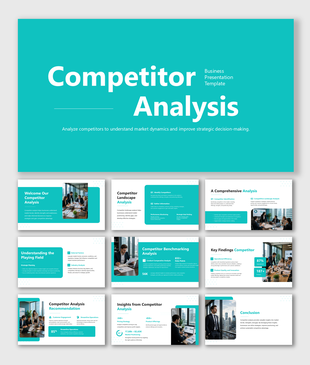 Competitor analysis slides with market insights, benchmarking, key findings, strategy planning, and performance visuals.