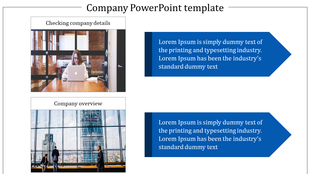Company slide with two sections: one showing a woman working on a laptop and another featuring a business meeting.