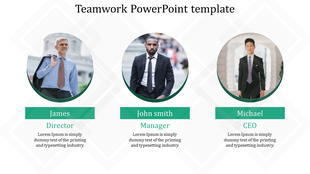 Teamwork template with a style, featuring three key executives introduced with profile images and structured text labels.