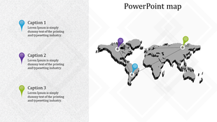 World map in PowerPoint with colored markers and captions, each representing different locations.