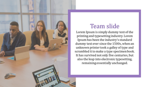 Team slide with a meeting photo on the left and descriptive text in a purple bordered box on the right.