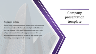 Company slide featuring a modern skyscraper background, with purple angular design and descriptive text on the left.