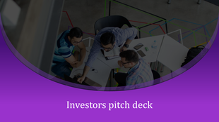 Slide featuring a team collaborating at a white table, framed with a curved purple overlay showing title.