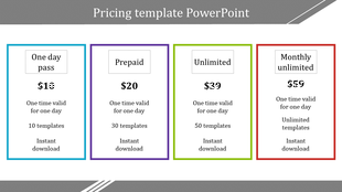 Pricing template featuring four pricing options in blue, purple, green, and red boxes, each with cost and download details.