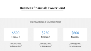 Business finance slide presenting three financial categories in separate boxes, with placeholder text areas.