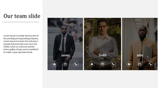 Modern team slide with a structured layout, featuring three professional images, names, and social contact icons.