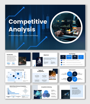 Competitor analysis slides, blue theme, growth arrows, charts, SWOT, icons, shapes, structured text boxes.