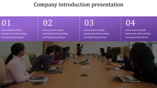 Company introduction slide featuring a business meeting scene with a presenter at a whiteboard and a purple four section.