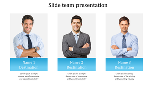Professional team profile slide with three business portraits, blue section headers, and text placeholders for details.