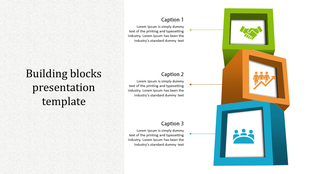 Modern business concept slide showing stacked cubes with icons for collaboration, business growth, and leadership.
