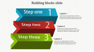 Building blocks slide with three colorful arrows in blue, red, and green, labeled 1 to 3, with captions to the right.