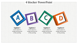 Four tilted square blocks labeled each with captions areas below in blue, purple, green, and orange frames.