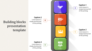 Vertical stack of colorful blocks in purple, orange, yellow, and green, with icons and caption areas.