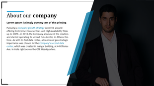 Company introduction slide with a mix of black, white, and blue colors, presenting a textual overview.