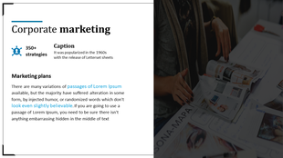Split layout with marketing plans text on the left and a darkened photo of hands flipping through a magazine on the right.