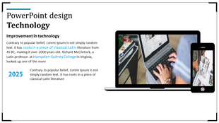 Technology themed slide displaying a user working on a laptop, with a smartphone overlay and an informative text block.