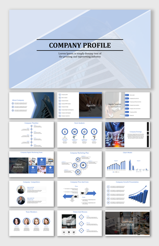 Corporate slide deck with a light blue theme featuring company profiles, charts, SWOT analysis, and team introductions.
