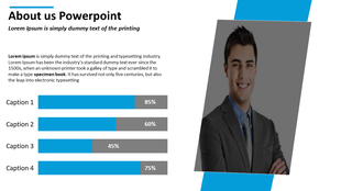 About us slide featuring a smiling man in a suit, a text section, and horizontal progress bars with captions areas.