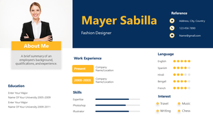 Professional layout with a navy and yellow theme, featuring a profile picture, skills, education, and experience details.
