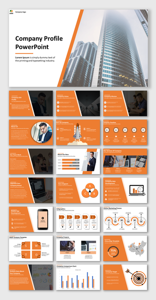 Modern company profile with an orange accented design, featuring business strategy, analysis charts, and service details.