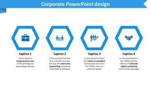 A PowerPoint slide with four blue hexagons, each containing an icon and a caption with Lorem Ipsum text.