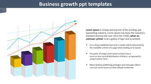 Business growth slide with a 3D bar chart in multiple colors, trend lines, and descriptive text on the right side.