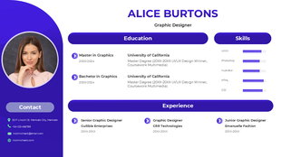 Professional portfolio design with a purple style, a circular profile picture, and sections for skills and experience.