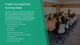 PowerPoint slide showcasing a professional portfolio with an image and text description on a green theme.