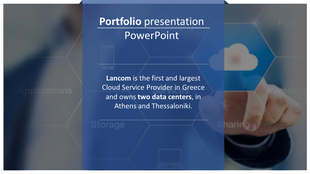 Business portfolio slide featuring a digital cloud network background, a blue transparency effect, and company information.