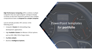 Corporate portfolio template with a sleek geometric design, highlighting HPC services and a high speed gauge image.