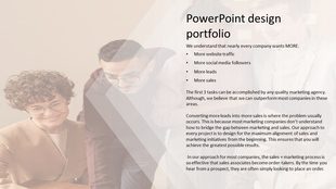 Design portfolio slide with a geometric overlay, showcasing a discussion among team members and marketing strategy text.