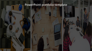 Portfolio slide with three panels showing team discussions, charts, and collaborative planning sessions.