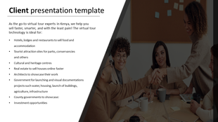 Client PPT slide highlighting virtual tour technology applications with an image of colleagues shaking hands in a meeting.