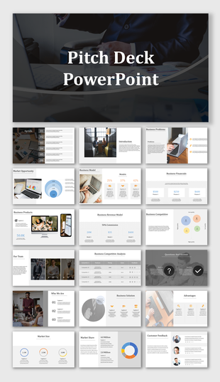 Professional pitch deck template with a dark-themed cover, featuring slides on market opportunity, and customer feedback.