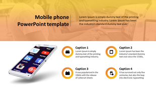 Mobile phone PowerPoint template featuring a smartphone with social media apps and four captions with orange circular icons.
